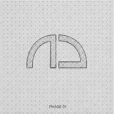 Phase one of the ADMIRATE logo: the mark drawn by hand on dotted paper.